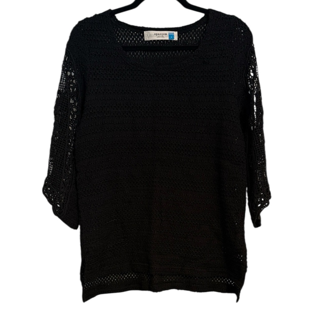☀️ Sparrow Anthropologie 100% Cotton Black Knit Top with Crochet Sleeves